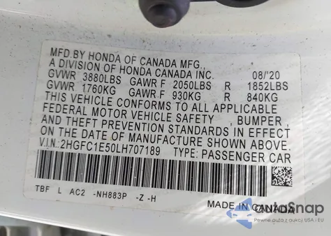 2020 Honda Civic Sedan from USA, damaged, VIN 2HGFC1E50LH707189